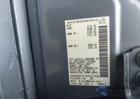 2012 Nissan Maxima 3.5 Sv from USA, damaged, VIN 1N4AA5AP7CC842546